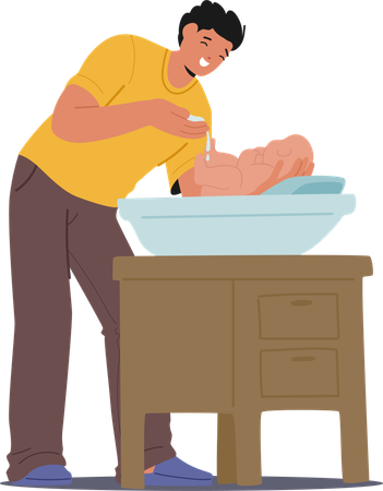 Smiling Father Character Gently Bathing His Newborn Baby In A Basin At Home, Showcasing Precious Parenting  Illustration