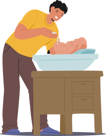 Smiling Father Character Gently Bathing His Newborn Baby In A Basin At Home, Showcasing Precious Parenting  Illustration