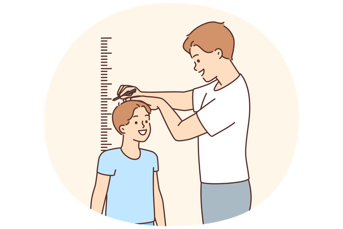 Smiling father measure small son height near wall  Illustration