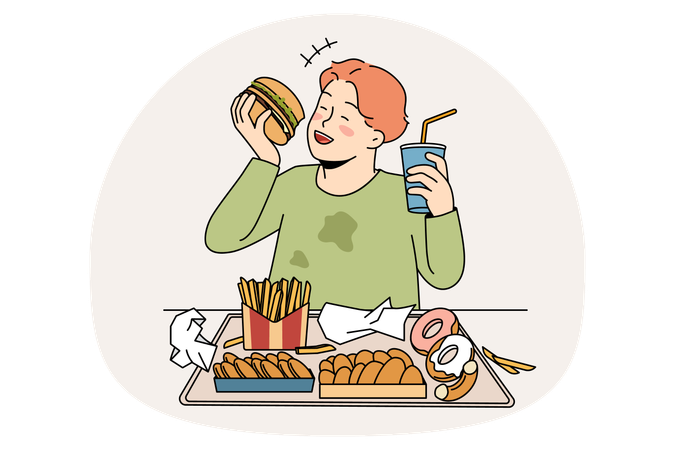 Smiling fatty boy sitting and eating hamburger donuts french fries drinking lemonade enjoying junk food  Illustration