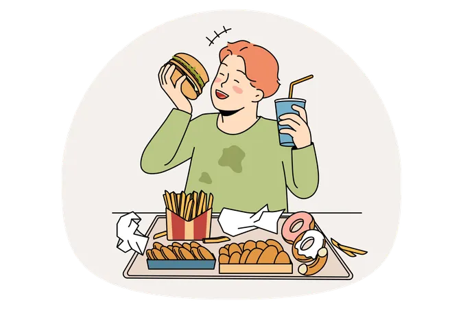 Smiling fatty boy sitting and eating hamburger donuts french fries drinking lemonade enjoying junk food  Illustration