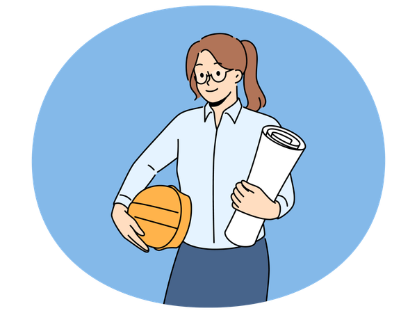 Smiling female architect with blueprints and helmet  Illustration