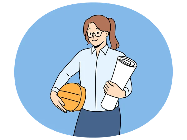 Smiling female architect with blueprints and helmet  Illustration