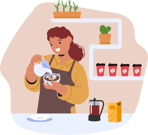 Smiling Female Barista Pouring Latte Art  Illustration
