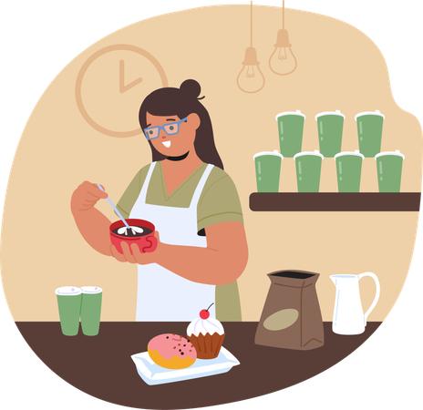 Smiling Female Barista Preparing Coffee With Snacks On Counter In Coffee Shop  Illustration