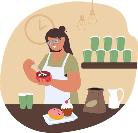 Smiling Female Barista Preparing Coffee With Snacks On Counter In Coffee Shop  Illustration