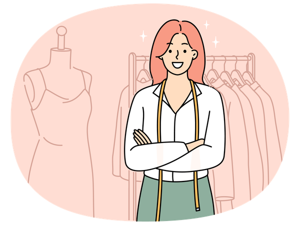 Smiling female designer standing near apparel  Illustration
