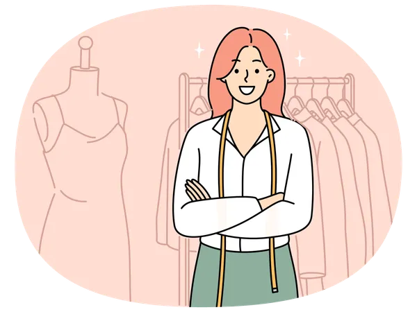 Smiling female designer standing near apparel  Illustration