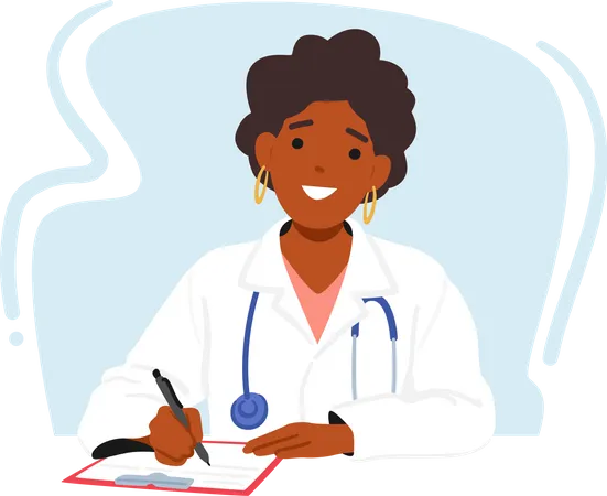 Smiling Female Doctor Character Sitting At Desk Diligently Writing Notes On Clipboard Displaying Professionalism And Dedication In Providing Quality Healthcare Cartoon People Vector Illustration Illustration