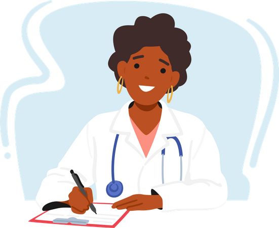 Smiling Female Doctor Sitting At Desk  イラスト