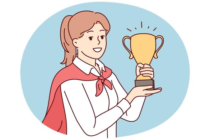 Smiling female employee with prize in hands  Illustration