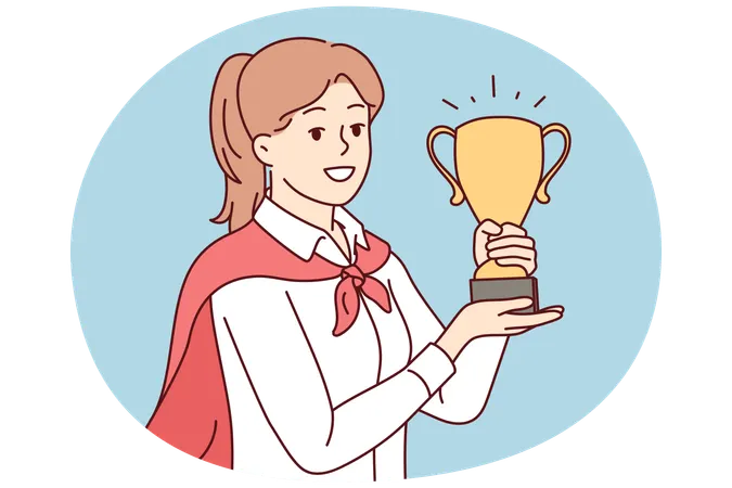 Smiling female employee with prize in hands  Illustration