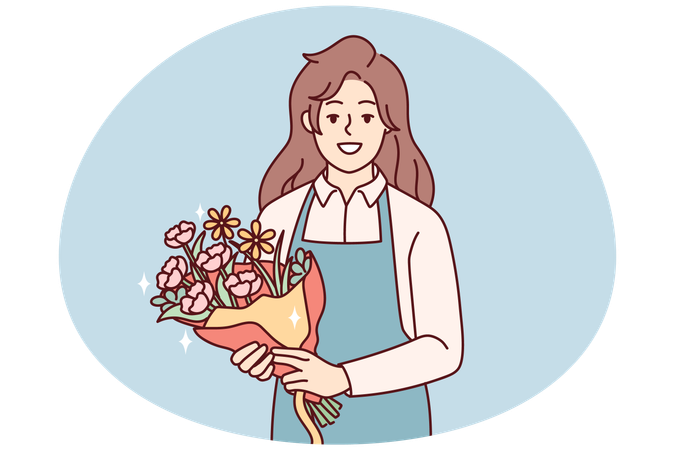 Smiling female florist with bouquet  Illustration
