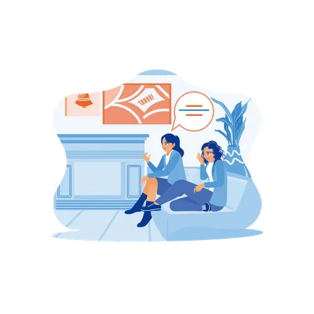 Smiling female friends gossiping while sitting on the sofa at home  Illustration