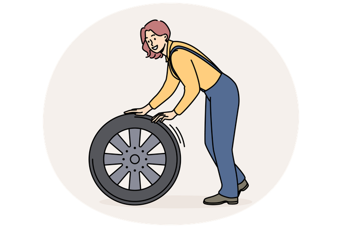 Smiling female mechanic with tire  Illustration
