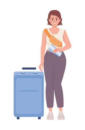 Smiling Female Passenger With Tickets And Suitcase Semi Flat Color Vector Character Editable Figure Full Body Person On White Simple Cartoon Style Illustration For Web Graphic Design And Animation Illustration
