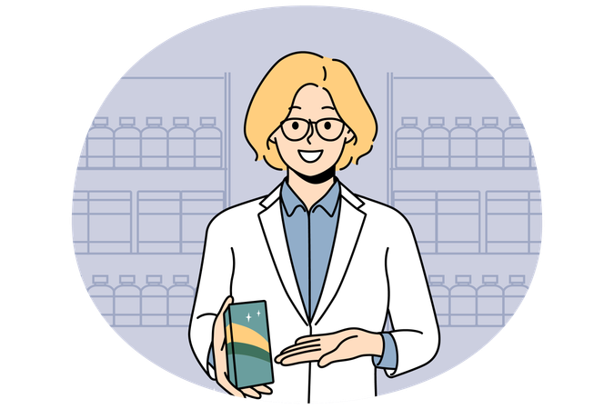 Smiling female pharmacist recommend medication in drugstore.  Illustration