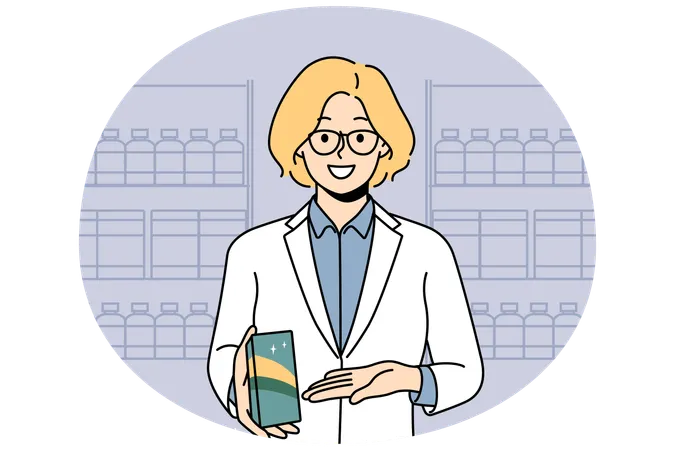 Smiling female pharmacist recommend medication in drugstore.  Illustration