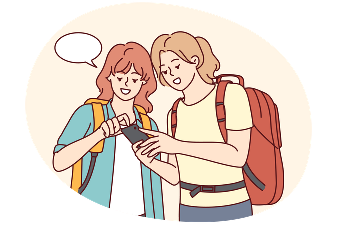 Smiling female travelers using cellphone  Illustration