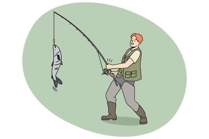 Smiling fisherman catching fish on rod  Illustration