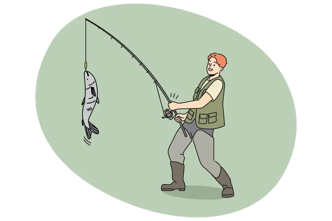 Smiling fisherman catching fish on rod  Illustration