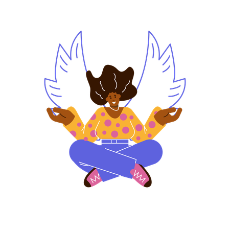 Smiling flying woman in lotus position with outlined wings  Illustration