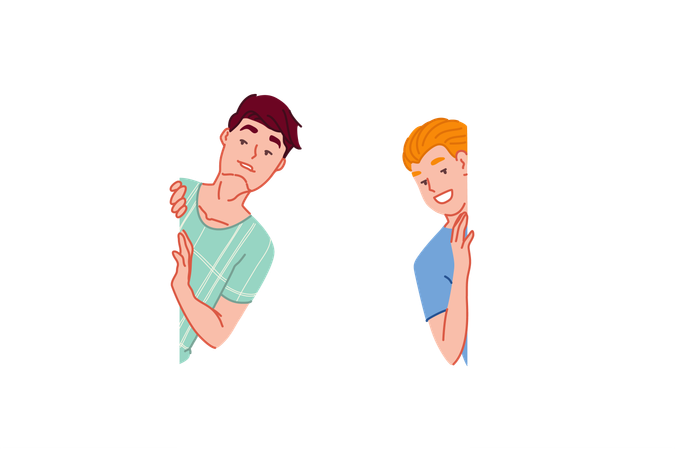 Smiling friends spying and hiding behind wall  Illustration