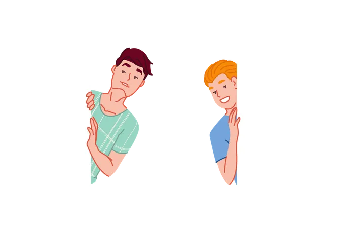 Happy Discovery Spying Concept Smiling Friends Spying And Hiding Behind Wall Caucasian Young Men Looking Satisfied Amazed Facial Expression Positive Emotion Expression Simple Flat Vector Illustration