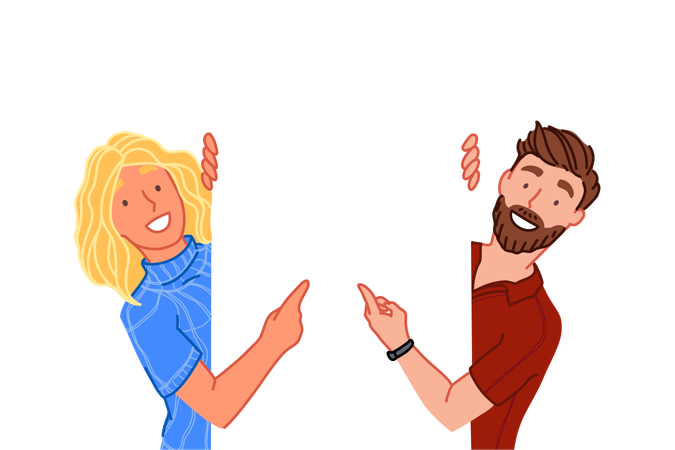 Smiling friends standing and pointing on empty white space  Illustration