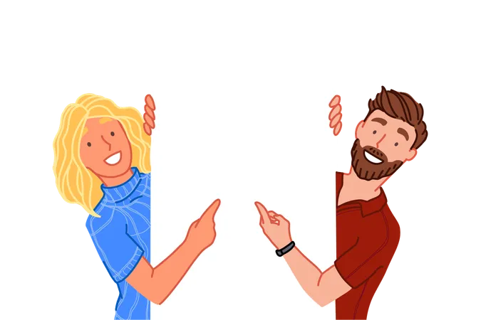 Curiosity Advertising Banner Concept Smiling Friends Standing And Pointing On Empty White Space Cheerful Caucasian Young Woman And Man Happy Facial Expression Simple Flat Vector Illustration