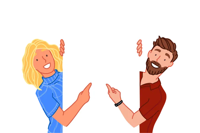 Smiling friends standing and pointing on empty white space  Illustration