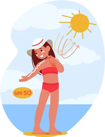 Smiling Child Girl Character Protected From Sunburn By Applying Skin Cream Enjoying Outdoor Beach Activities Without Worries Of Skin Damage Or Discomfort Cartoon People Vector Illustration Illustration