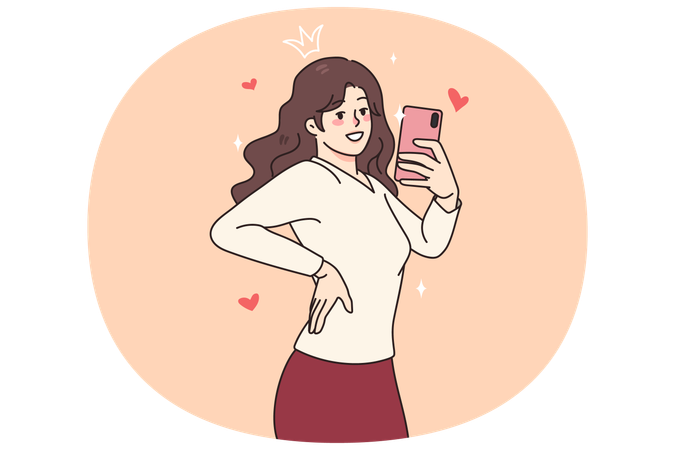 笑顔の少女ブロガーが携帯電話で自撮り  イラスト