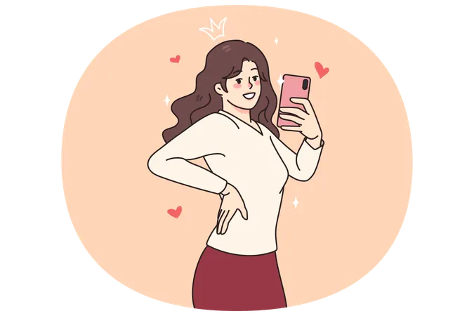 笑顔の少女ブロガーが携帯電話で自撮り  イラスト