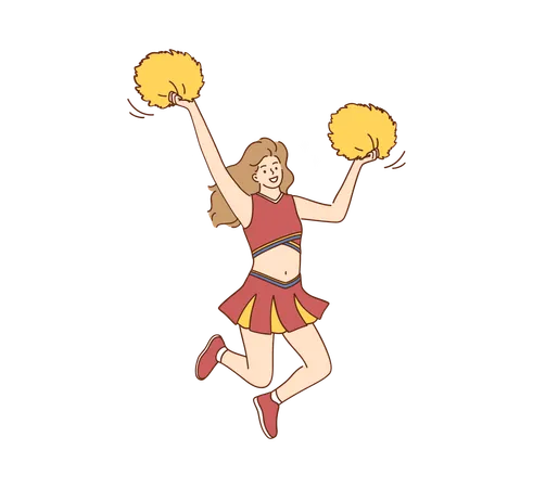 Cheerleading And Sport Concept Young Beautiful Smiling Girl Cheerleader In Red Costume Dancing Moving With Yellow Pompoms And Jumping During Show Vector Illustration Illustration