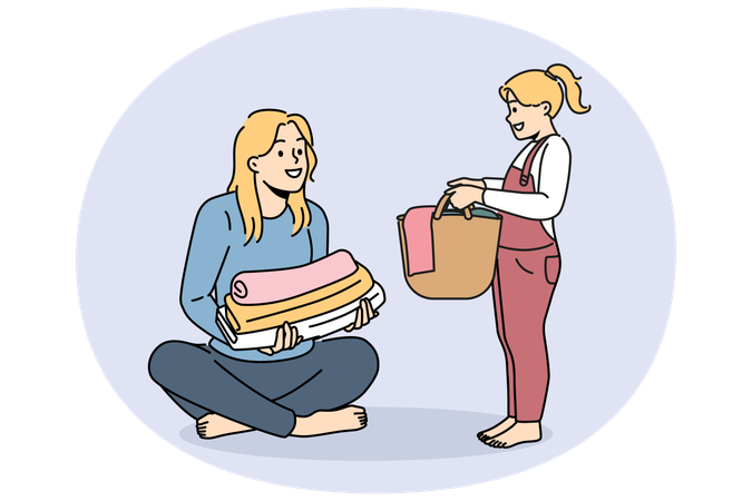 Smiling girl child help mom doing laundry  Illustration