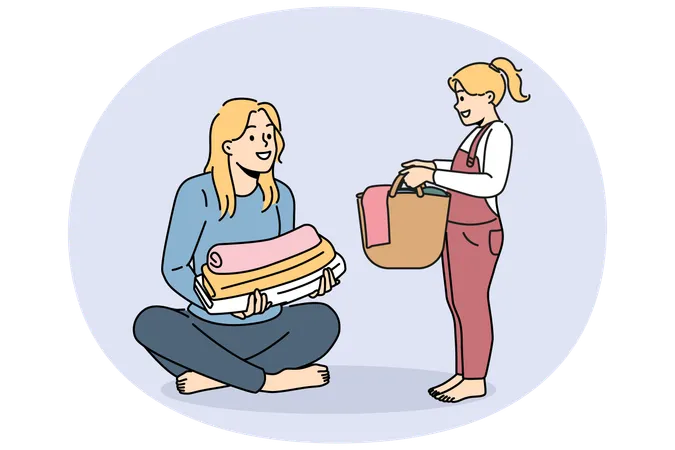 Smiling girl child help mom doing laundry  Illustration