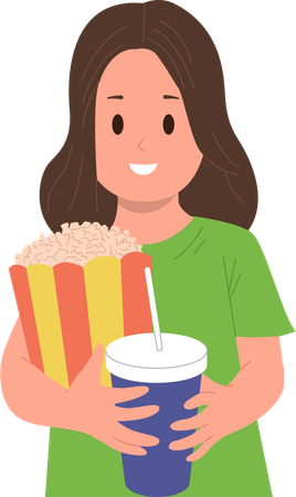 Smiling girl child holding popcorn snack pack and soda drink preparing for cinema  Illustration