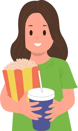 Smiling girl child holding popcorn snack pack and soda drink preparing for cinema  Illustration