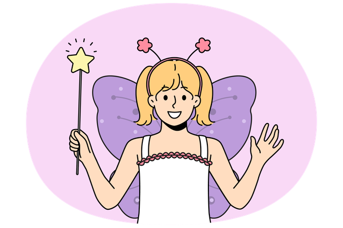 蝶の衣装を着て杖を持った笑顔の女の子  イラスト