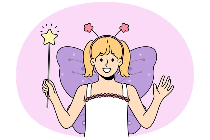 Smiling girl child in butterfly costume with wand  Illustration