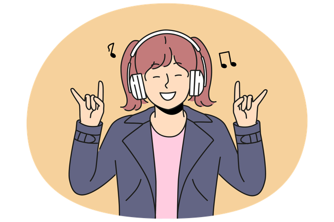 Smiling girl child listen to rock music in earphones  Illustration
