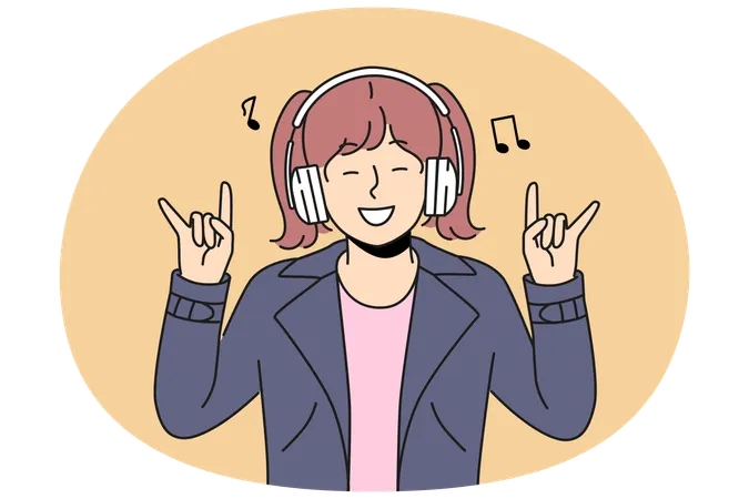 Smiling girl child listen to rock music in earphones  Illustration