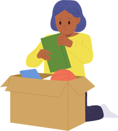 Smiling girl child unpacking personal belongings after moving to new room  Illustration