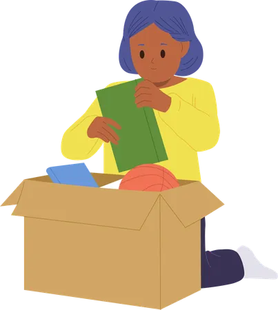 Smiling girl child unpacking personal belongings after moving to new room  Illustration