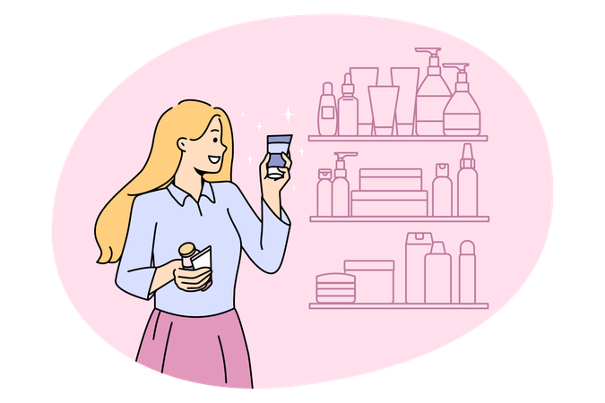 笑顔の女の子が店内の棚から美容製品のチューブを選ぶ  イラスト