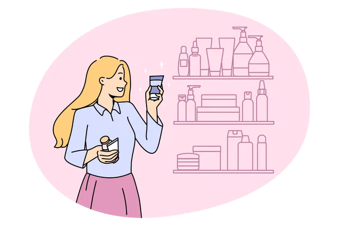 笑顔の女の子が店内の棚から美容製品のチューブを選ぶ  イラスト