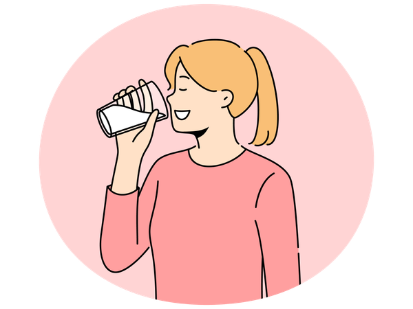 笑顔の女の子がグラスからミルクを飲む  イラスト