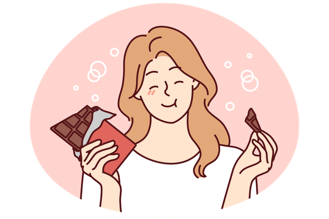 Smiling girl eating chocolate bar  Illustration