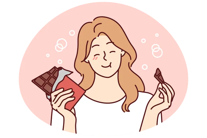 Smiling girl eating chocolate bar  Illustration